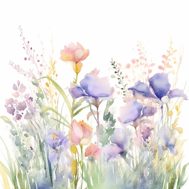 enchanted delicate iris and lavender FIELD clipart, WATERCOLOR HAND PAINTED clipart, WATERCOLOR AIRY PASTEL COLORS, VISIBLE WATERCOLOR BRUSH TOUCHES, WATERCOLOR SPLASHESD, DREAMY AND ELEGANT, CLASSIC DREAMY FLOWERS, white background, simple white background