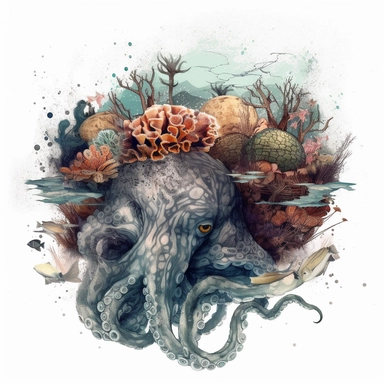 concrete illustration of a double exposure hybrid lion octopus & coral reef drawn with stones, clipart