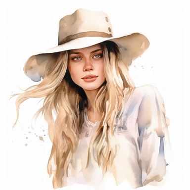 pretty lady with a hat, long blonde hair, watercolor, hyperealistic, clipart, clean white background