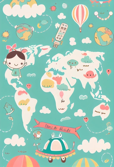 Cute Travel the world pattern, Clipart,by Dr. Seuss ，Blush and bashful background, illustration art