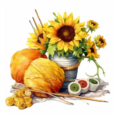 summer, knitting, sunflowers and balls of yarn, watercolor, high quality, clipart, white background