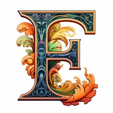 You are creating letter F in Art Nouveau illuminated initial style with clean lines and without shadows to be used as a clipart in white background