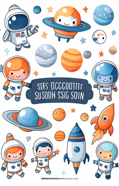 a whimsical cute space-themed cartoon clipart collection featuring rockets, planets, astronauts and stars in shades of blue, orange, grey and white on white background with margins, watercolor, sprite sheet, 2d, icon, sticker art