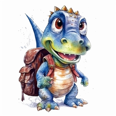 High resolution, cute baby T-rex dinosaur with backpack to school, watercolor clipart, white background for removing background
