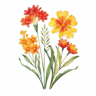 Design a dreamy watercolor clipart of a Bouquet of vibrant orange, red, and yellow flowers arranged in a wild and untamed style composition, hand-painted with soft and graceful brushstrokes. Draw inspiration from the artistic finesse of Ethereal Petals Watercolors for a refined and ethereal depiction. isolated on a white background, hand-drawn illustration, hand-painted watercolor texture, 16k UHD resolution, intricately detailed, sharp focal points, designed by Ana Victoria Calderon and Holly E