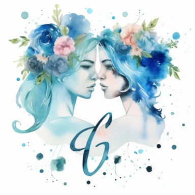 zodiac sign Gemini, animal, flowers, watercolor Clipart, blue watercolor, modern design, isolated white background, 8k,