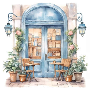 front illumination of ultra - realistic watercolor painting of baby blue cute french cafe interior with open doors clipart, french cafe theme, pastry delicious, cute flowers, serene, cottagecore, 8k trending on etsy, plants overgrowing everywhere, aesthetic, naturalisting, cottagecore, plants, magical, white background, isolated on white, watercolor illustration, award winning