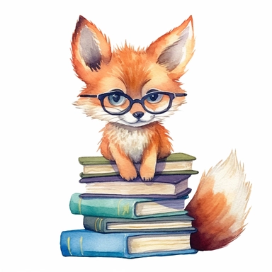 hand drawn, A cute fox wearing glasses on book stack , illustration Watercolor clipart, katie daisy style, single object,png,transparent, white background for removing background - - no text shadow font watermark