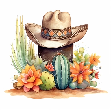 Design a captivating watercolor clipart illustration on a white isolated background vector, showcasing beautifully crafted leather cowboy hat with vibrant floral patterns resting on the desert floor, artistically placed beside a towering cactus plant. Draw inspiration from the artistic style of Birgit O'Connor, a talented watercolor artist celebrated for her loose and joyful compositions, to bring a sense of happiness and exuberance to the artwork, resulting in a delightful and uplifting depicti
