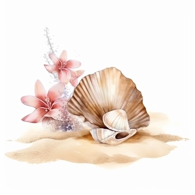 hand drawn sandy beach with a conch shell sitting in the sand, orchid bloom beside the conch shell, glamorous, clipart style, detailed and realistic, watercolor, white background with margins