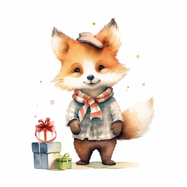 cute little fox celebrating a birthday, watercolor, clipart elements, kawaii, white background, dustin nguyen