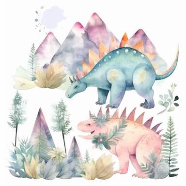 friendly, fluffy watercolor dinosaurs clipart, pastel colors, in the mountains, forest, separated, seamless, transparent background--AR 3:2