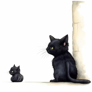 back high level view, cute black cat waiting before mouse whole in wall, illustration, white background, clipart, nursery illustration, illustration for children