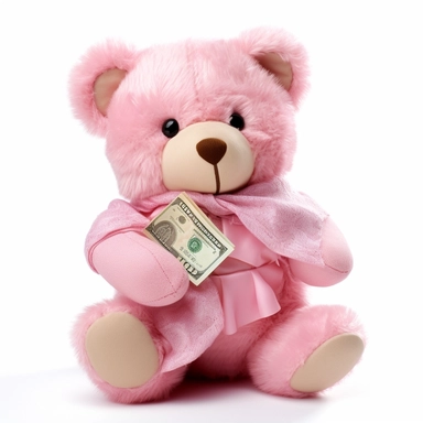 pink teddy bear holding cash in hands clipart white background