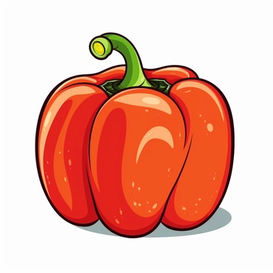 Red bell pepper vegetable concept, cartoon style art, classic 2D vector art with white background, clean lines, solid white background, thick black border, clipart, clip art, bright colors