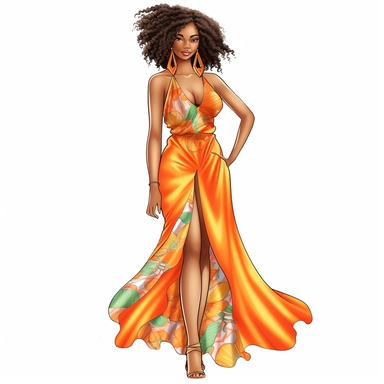 ultra realistic, clipart, hand-drawn, young African American woman is wearing a vibrant and colorful orange halter sundress that fits her curvy hips perfectly. The dress has a flowing and breezy fabric that moves with the gentle summer breeze. The halter neckline accentuates her shoulders and arms, and the back of the dress is open, revealing her glowing skin. She completes her outfit with a pair of simple and elegant sandals that complement the dress's floral pattern. Her long straight silk pre
