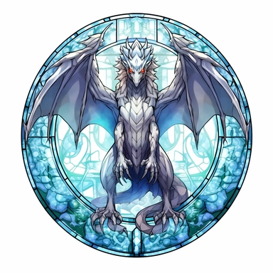 A stained glass glowing air dragon with white lights on his eyes, four legs, full body dragon, master of air, transparent light gray and light white, manhwa character design, in the style of artgerm, 2d game art, quadratura, clipart, on white blackground, circular shape,
