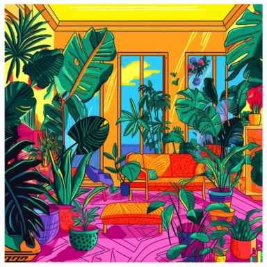 color image for adults, urban jungle, clipart style, living room, monstera deliciosa, vivid colors, plants--ar 9:11