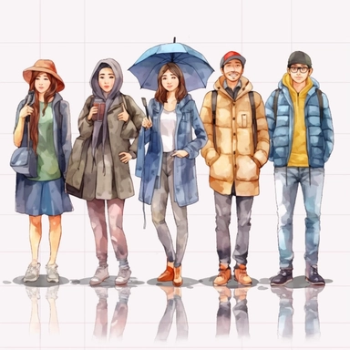 watercolor, People Group Different Job Set, png Full body realistic cartoon in 32K UHD cute. 15 cm thick outline. Black color. There was no shadow on the ground. 8k with realistic watercolors and detailed illustrations. PNG clipart, transparent white background