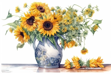 watercolor sunflower clipart sunflower floral bouquet in the vase on the table , white background. Watercolor predator animals wildlife. Ultra High Realistic. ultra high resolution, Isolated on White Background. 32K ,