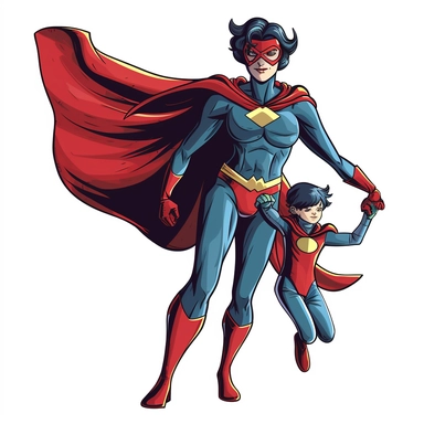 a comic-style, clipart image (floating image), full body image of a mother and child duo where the child is the superhero's sidekick, wearing super suits