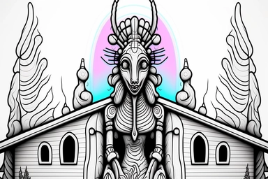 make it an alien church Contour Drawing, in the style of line art coloring page for adults, entirely black and white only, vector drawing style, clipart, white background