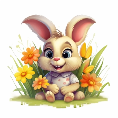 Cuddly Bunny Clipart nestled inside a blooming flower with a friendly ladybug on its nose in the style of oil painting, on a white background