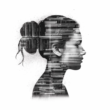 double exposure: a black shape of a beautiful girl's head with a messy bun, inside there is a bookcase with lots of books, clipart, isolated on white background, 4K,