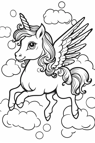 cute cartoon clipart flying unicorn in sky, black simple lines, coloring book page, white background