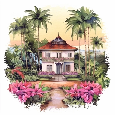 clipart of a caribbean, gingerbread house surrounded by pink bougainvillea and tropical coconut trees + watercolor + 16k + Hyper minimalist + megapixel + full color + super detailed + insanely detailed and intricate