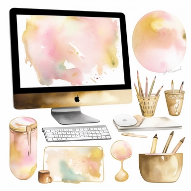 handpaint, iMac clipart,devices icon set, isolated white background, single design, sharp, bold , sweet pink, cream pastel, gold, hand-painted watercolor