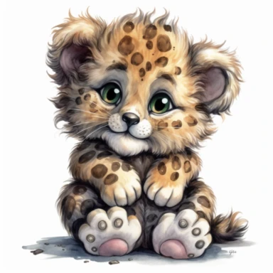 full body of a cute happy baby cub leopard , hello, in the style of jody bergsma, insanely fluffy fur, clipart with white background,32k uhd, hand-painted details, charming character illustrations, amazing colours combo ,aquarellist, hd , white background clipart
