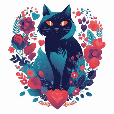shaggy cartoon style cat in the center of vibrant colored boho style flowers in a heart shape border, silhouette vector flat simple identification symbol white backround white background minimalistic clipart png svg