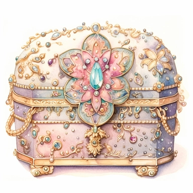 Watercolor detailed intricate jewellery box for a princess in soft colors with diamonds clipart - Image #1 <@1098423716465102849> - Image #1 <@1098423716465102849>