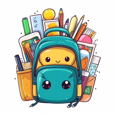 Clipart, white background: Design a lovable kawaii backpack with a zipper mouth, happily storing books, notebooks, and art supplies.