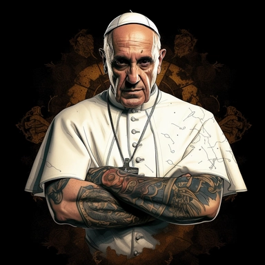 Pope Franciswith tattoos, tanktop shirt, facing frontal, arms crossed, vatican background, half body, 2d, ambient, clipart, black grunge border