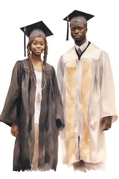 realistic watercolor drawing of dark-skinned woman and man wearing cap and gown on graduation day clipart, front view, in style of Michiel van Huysum, subtle faded color variations, hyper-detailed hd clipart, on white background, spaced out