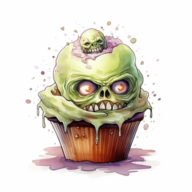 delicious halloween cupcake with brains, eyeballs and teeth, watercolour illustration clipart, extremely Frankenstein detailed, 4k, high quality, colour scheme black, lime green, , isolated on white background - <@1098423716465102849> (relaxed)