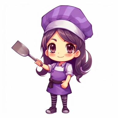 cute girl chef with spatula wearing purple cloth clipart no background