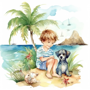 watercolour, tropical island setting, showcase a beautiful little Hawaiian Boy playing with his puppy, clipart style