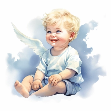 delightful watercolor image, full body adorable newborn baby angel boy on white background, she is sitting on a cloud in blue shirt and smiling gently. He has sparkling blue eyes twinkled with wonder and blond curls on her head, professional watercolor clipart, high resolution