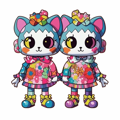 two Takashi Murakami style cats holding hands wearing cute dresses with big cartoon shoes, with bows in the hair , clip art, Japanese