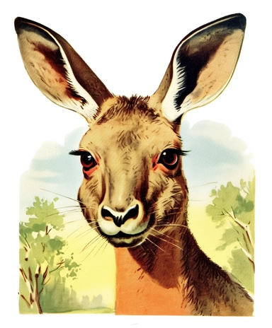 Vintage 1920 Front View Portrait of kangaroo Head looking at the camera Illustration , Chromolithograph, Die Cut, 1920s Illustration, Vintage, Chromolithograph, Colorful, Antique, Ephemera, Clipart, 8k, Isolated on white