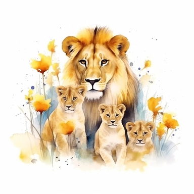 Clipart of family of Lion, a male female and cub lion sitting in a field, watercolor painting, white background, featured on pixiv, computer art, madhey of flowers, watercolor, digital illustration, detailed painting, realistic