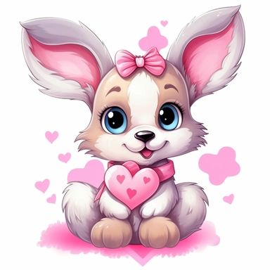 kawaii a very cute cuddly eyes happy puppy wearing a pink coat giving out heart's clipart Easter spring bunny scrapbooking Crafton digital paper white background