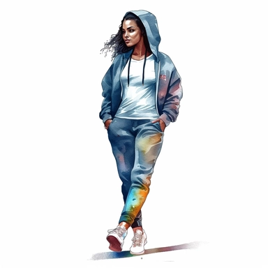 watercolor style, beautiful african american woman wearing tracksuit, hoodie and sneakers, realistic, clipart, isolated on white background, 4K
