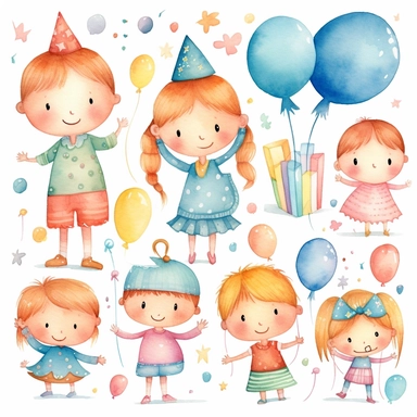 Craft a collection of childlike watercolor clipart birthday motifs that exude a sense of innocence and joy. Embrace a soft and dreamy style, reminiscent of artists like Mary Blair and Shirley Hughes, to evoke a nostalgic feeling. Incorporate charming elements like colorful balloons, confetti, cupcakes, and smiling animals, all portrayed with a gentle and hand-painted aesthetic. Let the colors be bright and lively, reflecting the exuberance of a child's birthday celebration.