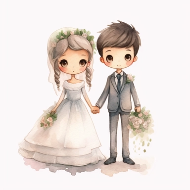 full body Little bride and groom, Watercolor Clipart, strybk, full Illustration, 4k, sharp focus, watercolor, smooth soft skin, symmetrical, soft lighting, detailed face, concept art, muted colors, watercolor style, strybk, children's style fairy tales, chibi kawaii, . Octane rendering, 3d. Perfect face, detailed face, delicate face, perfect sharp lips, detailed eyes. Craig Davison, Aubrey Beardsley, Conrad Roset, Aikut Aidogdu, Agnes Cecil, watercolor style