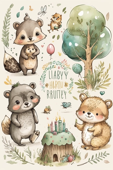 cute illustration, cartoon, vector, clipart set, happy birthday forest, lovely baby animals, sweet, aquarelle, pastel painting, fresh colors, classic Disney style, isolated, white background
