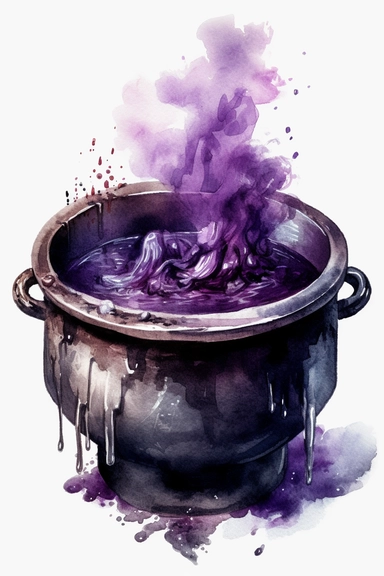 hyper realisticCauldron: Create a clipart of a cauldron with a gothic twist. You can add some eerie smoke, spiders, or bones to make it more spooky ,watercolor illustration, color palette Violet, eggplant,diesel,dusty gray,cannon pink, tamarind,mulled wine,charade ,realistic,symmetry,png white background